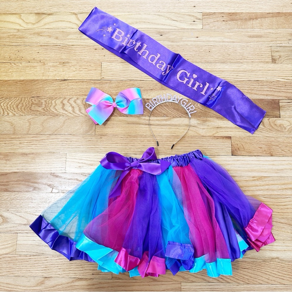 Colorful Birthday Girl Tulle Skirt Sash Headband Bow Set